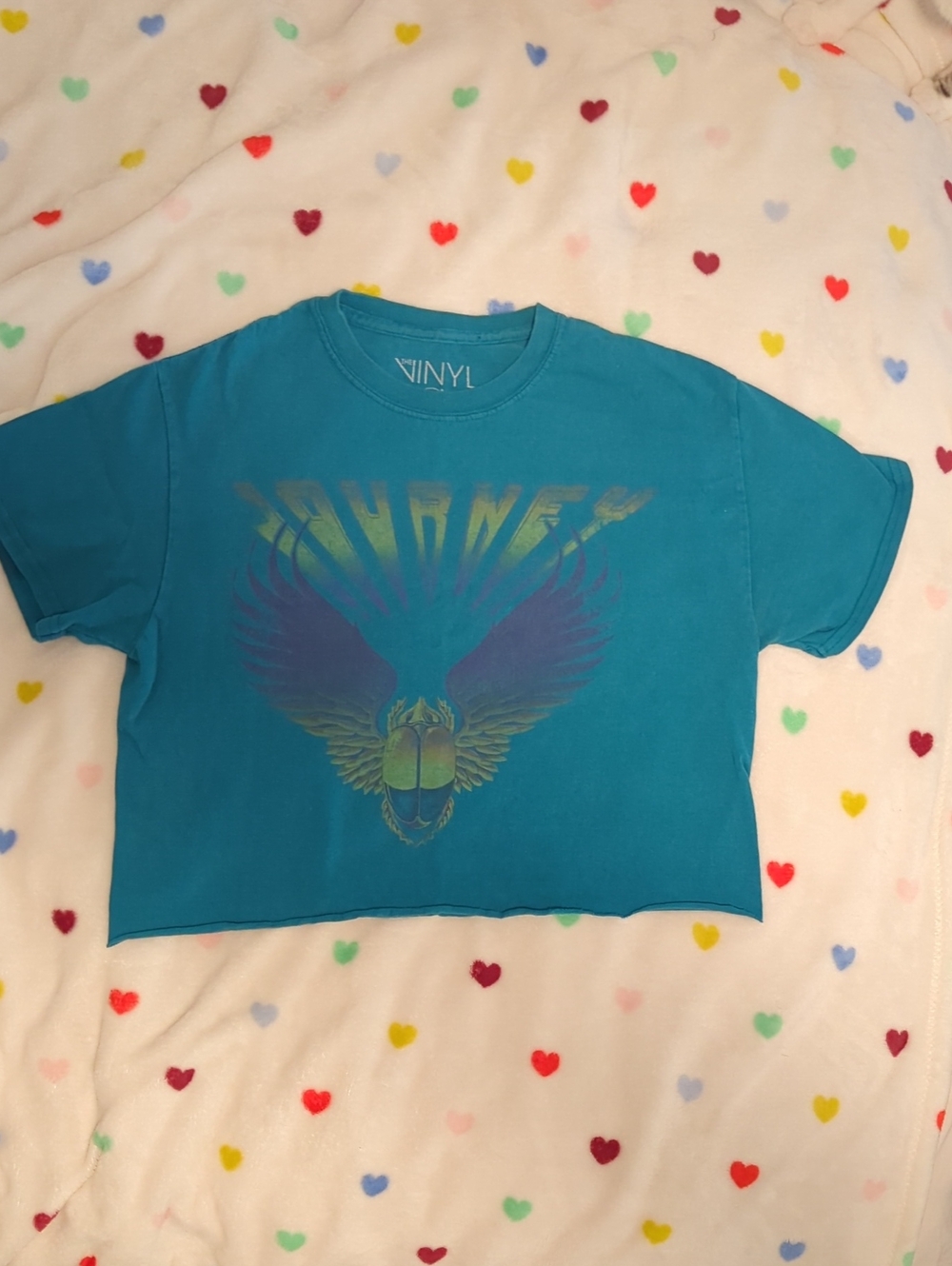VINYL Icons Teal Graphic Crop Top with Winged Scarab - Journey